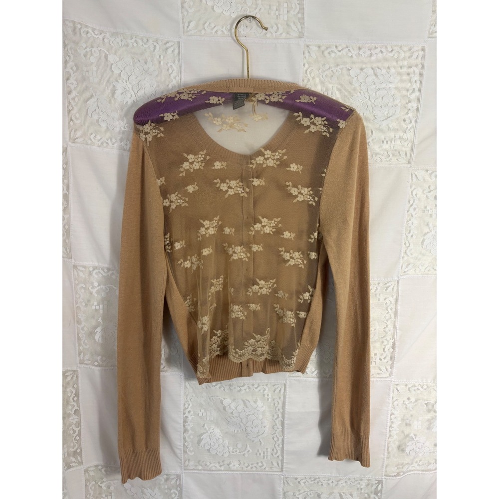 Tan Dainty Lace Back Scoop Neck Button Front Whimsy Cardigan Size M